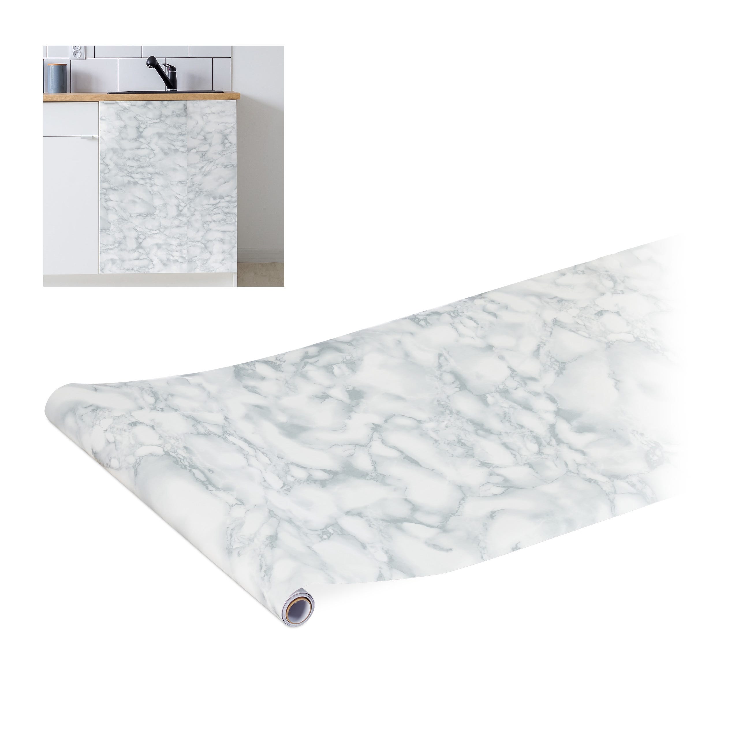 Rouleau adhésif mural, DIY, meubles & cuisine, autocollant, PVC, à coller,  45 x 200 cm, design marbre, blanc