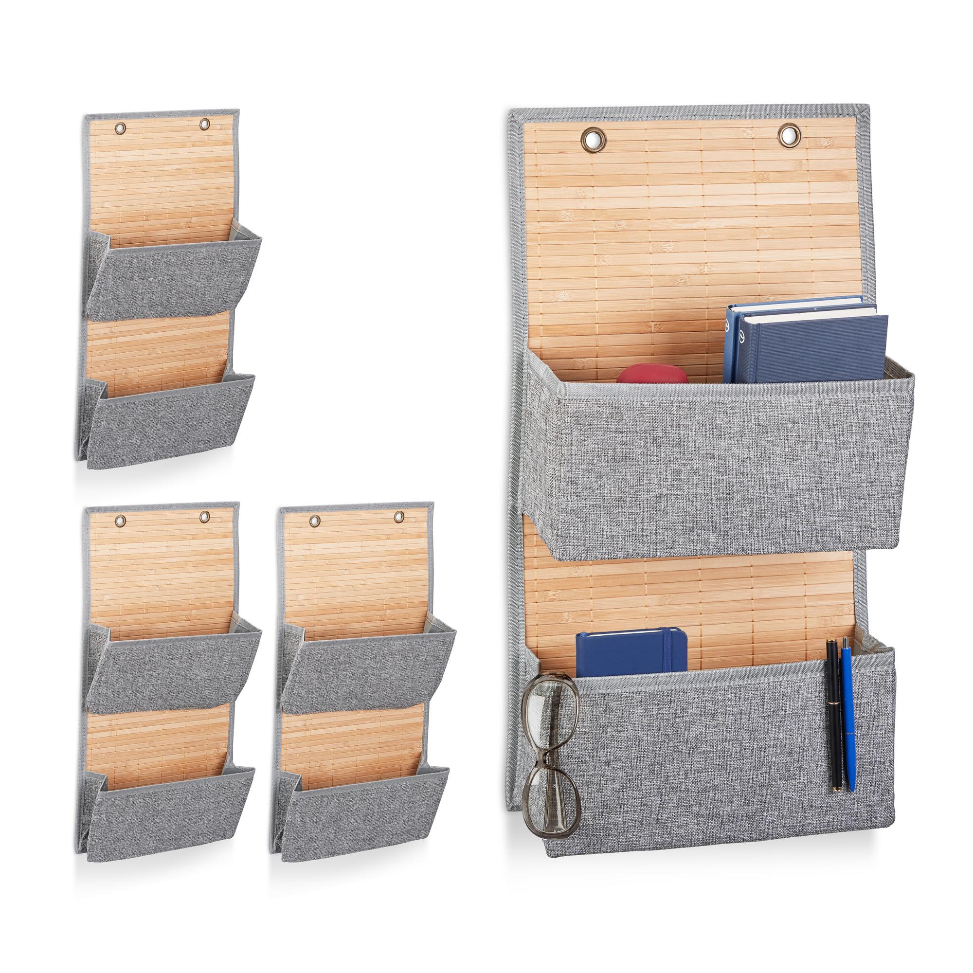 Relaxdays Tasca Portaoggetti Da Parete Con 3 Scomparti - Organizer In Bambù E Tessuto Grigio 94x33x12 Cm