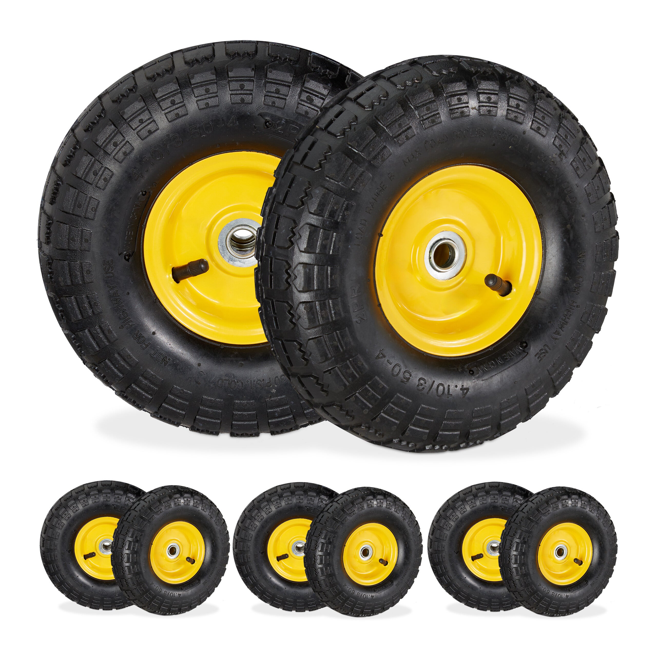 2x Ruote per Carrello 4.1/3.5-4, Gomme di Scorta Carriola, Asse 16 mm, fino  136 kg, 260 x 85 mm, Nero Giallo