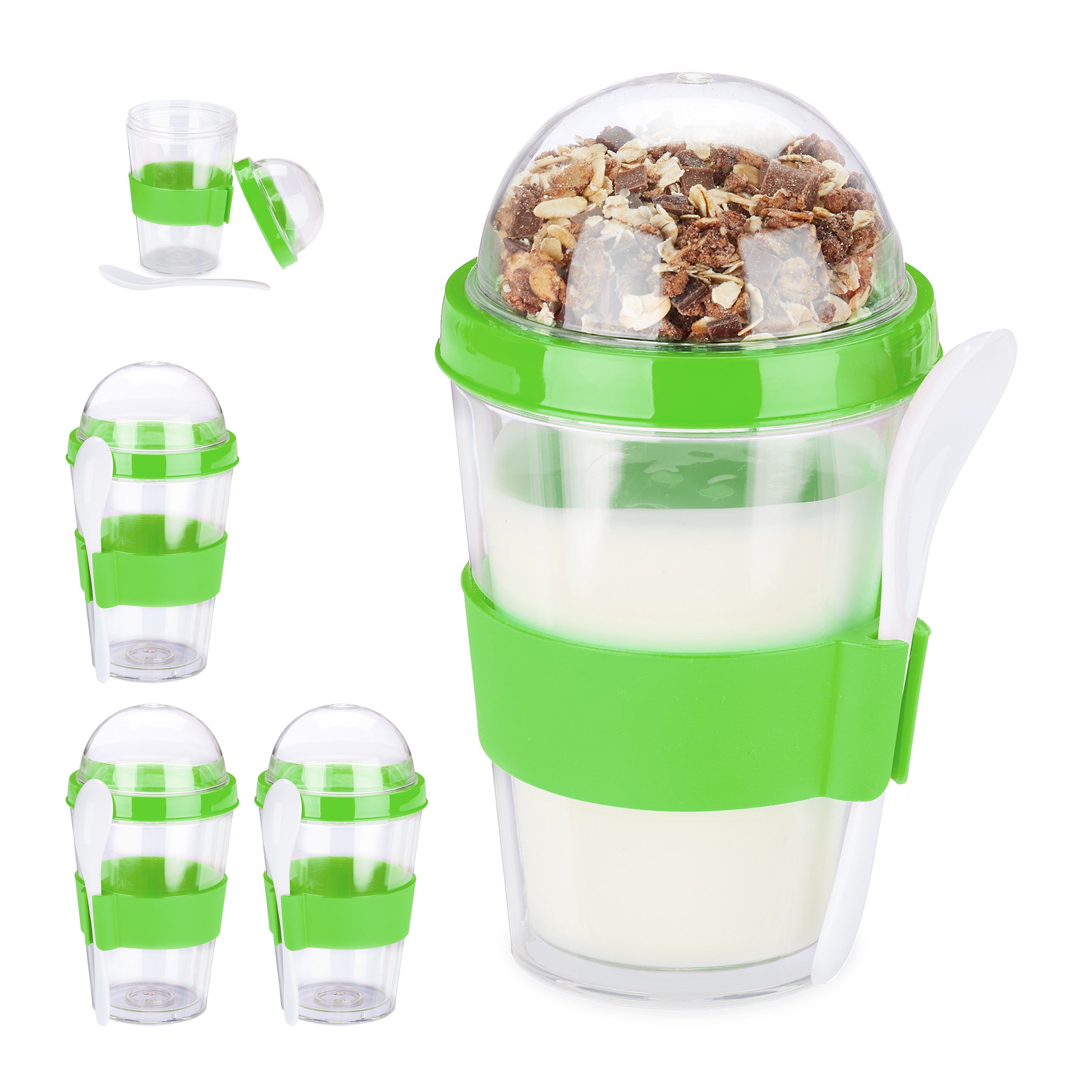 4x Tazza Cereali To-Go, Double Pack, Set di Bicchieri Contenitore Yogurt &  Cereali, HxD 16x8 cm, color verde