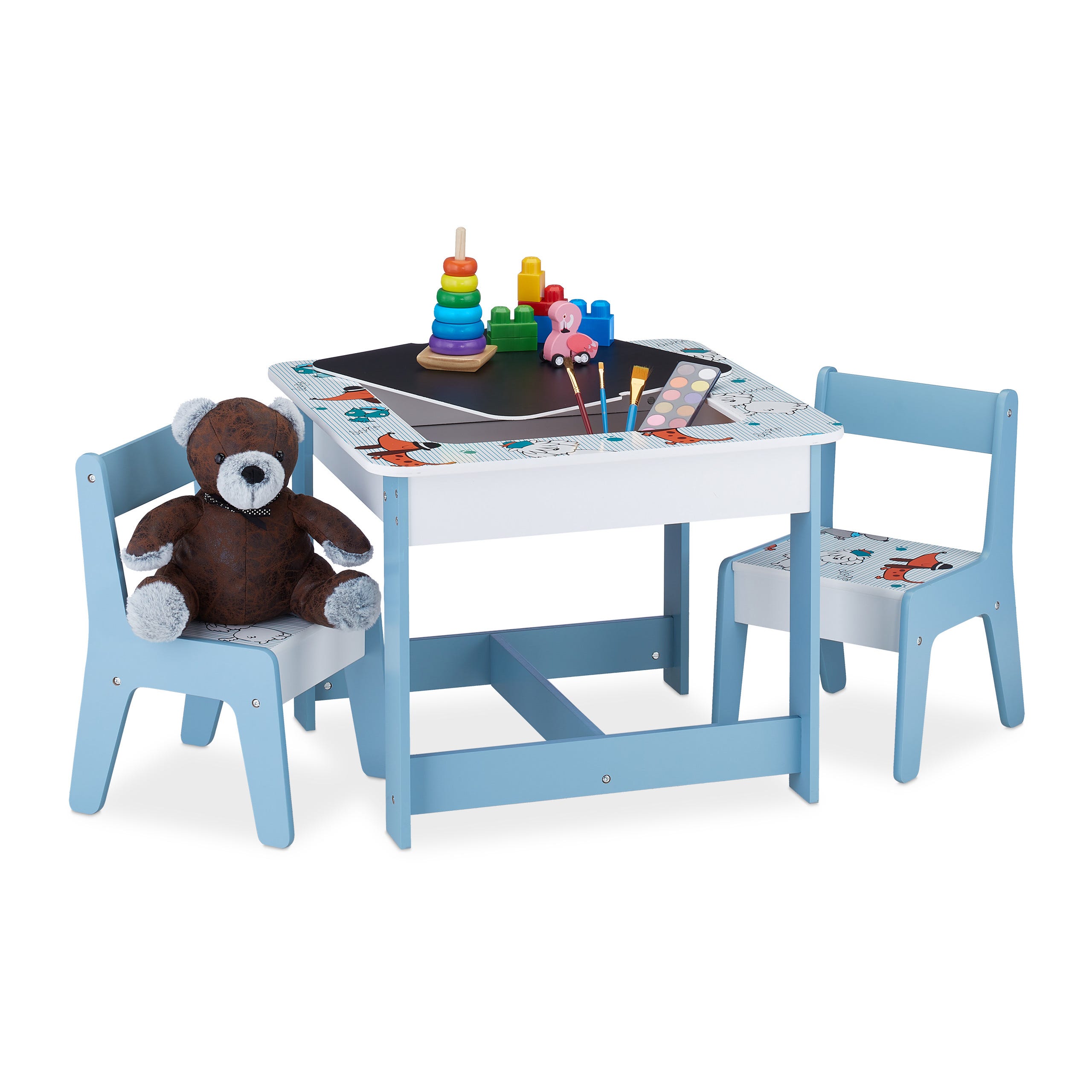 Relaxdays Tavolino da Bambini con Motivo di Cani, Set di Tavolo da Gioco  con 2 Sedie, Bimbi e Bimbe, in MDF, Colorato