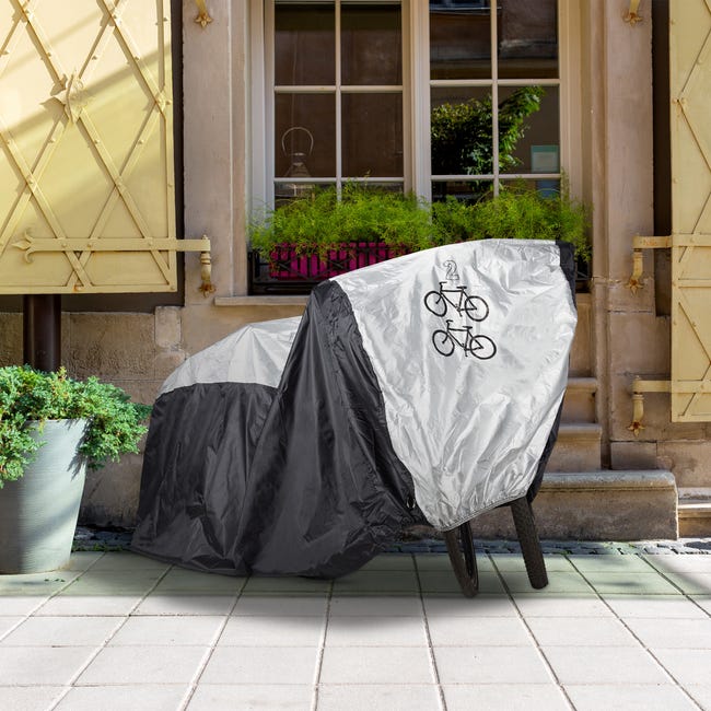 Relaxdays Housse de protection, pour 2 vélo, HxLxP : 110 x 200 x 75 cm,  imperméable, avec poche, plastique, noir/argent