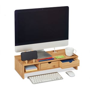 Relaxdays Support de moniteur, bambou, rehausseur écran, 3 compartiments,  porte-ordinateur, HLP : 10,5x41x28 cm, nature