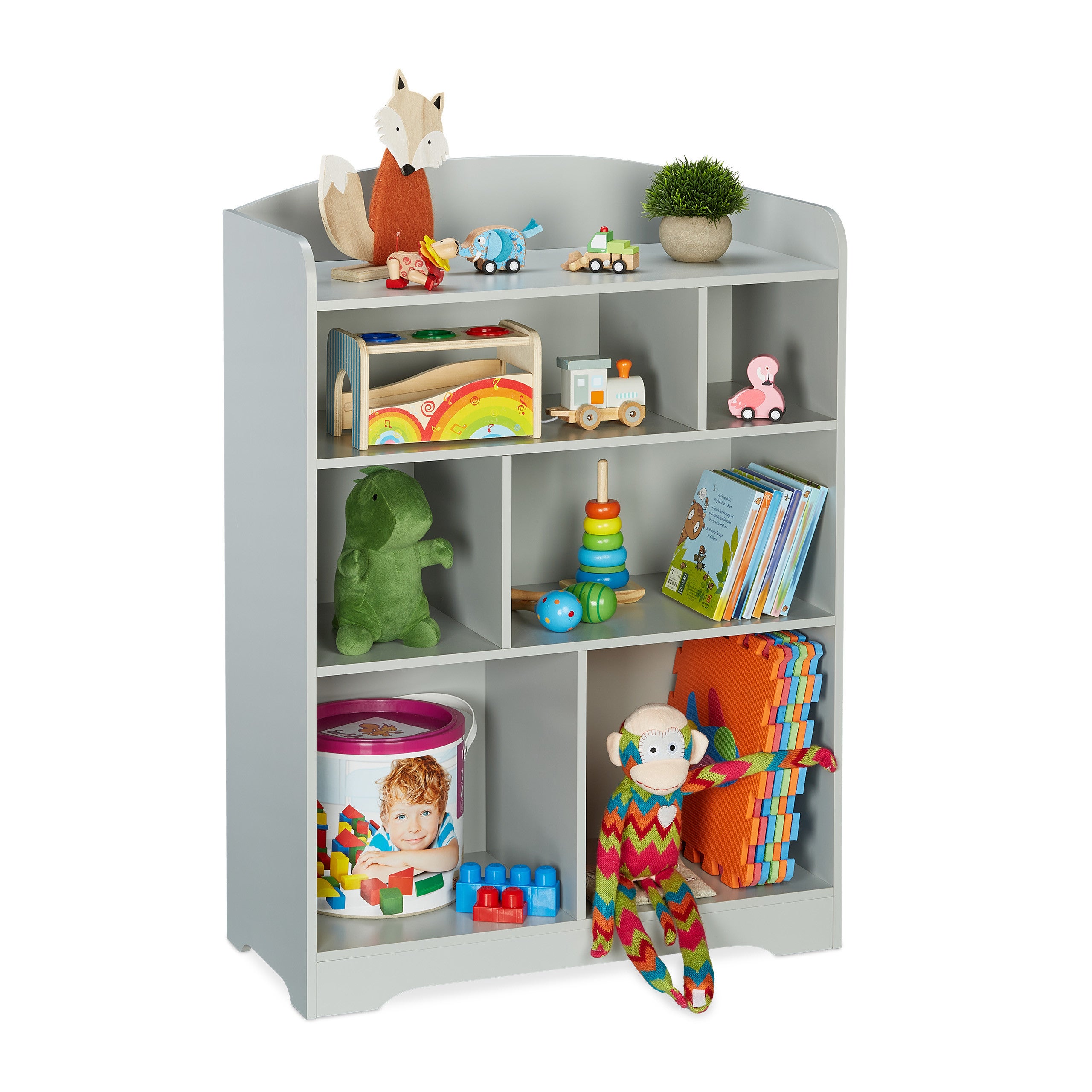 Relaxdays Bibliothèque pour enfants, HxLxP : 70x50,5x28 cm, avec coffre à  jouets, 3 compartiments, MDF, gris/blanc