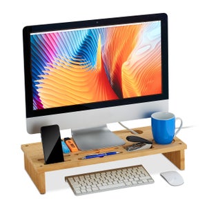 Relaxdays Support d'écran , 2 tiroirs, réhausseur d'écran d'ordinateur,  laptop, HxLxP : 12x56x27 cm, MDF, bambou, blanc