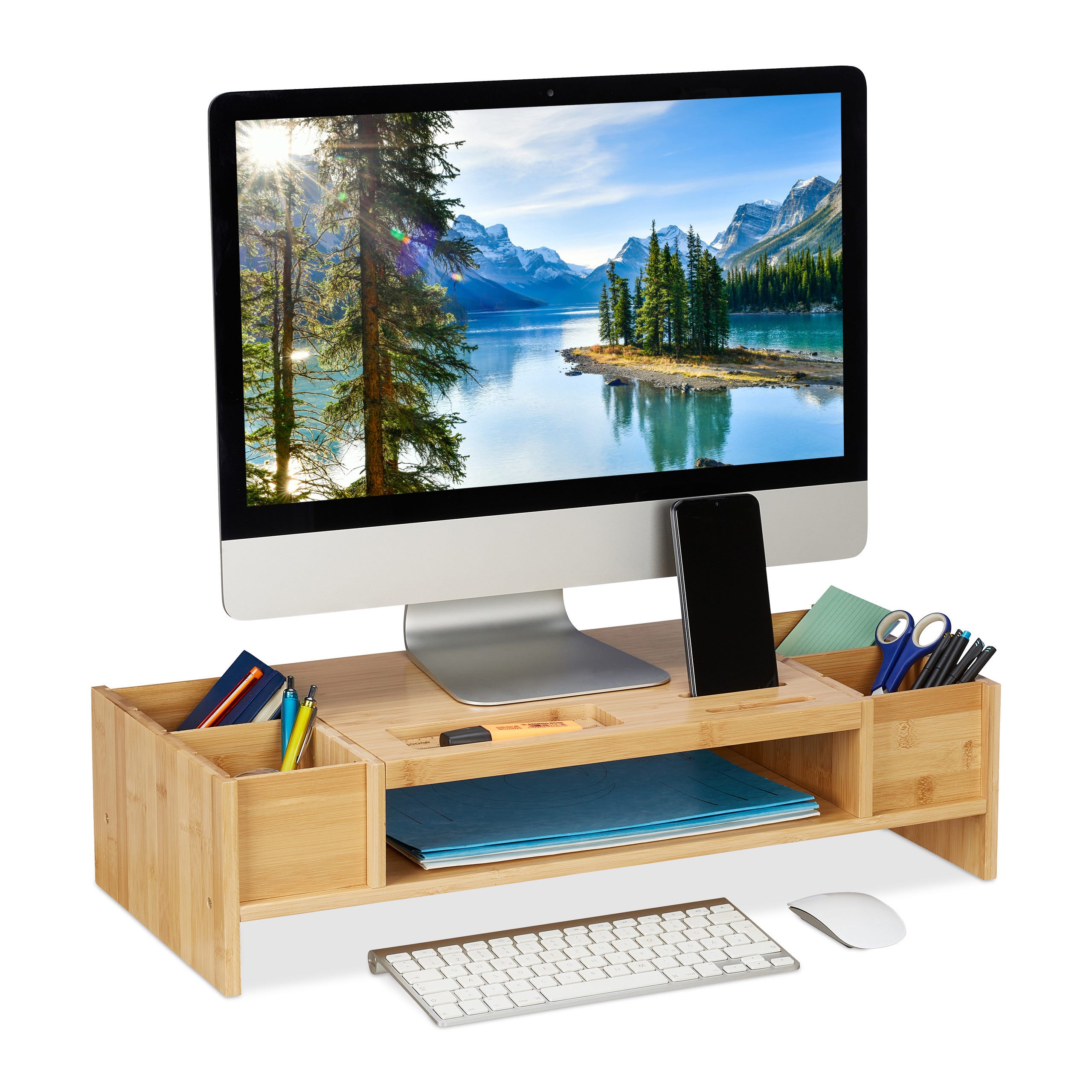 Relaxdays Support moniteur, 2 tiroirs, Rehaussement PC pour bureau; Bambou  et MDF HLP: 12 x 55,5 x 27 cm, blanc/nature