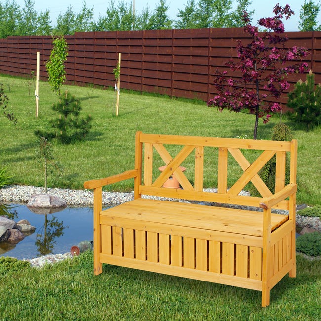 Relaxdays Banc de jardin avec rangement, deux places, HLP 85 x 115 x 60 cm,  bois de sapin, siège avec dossier, nature