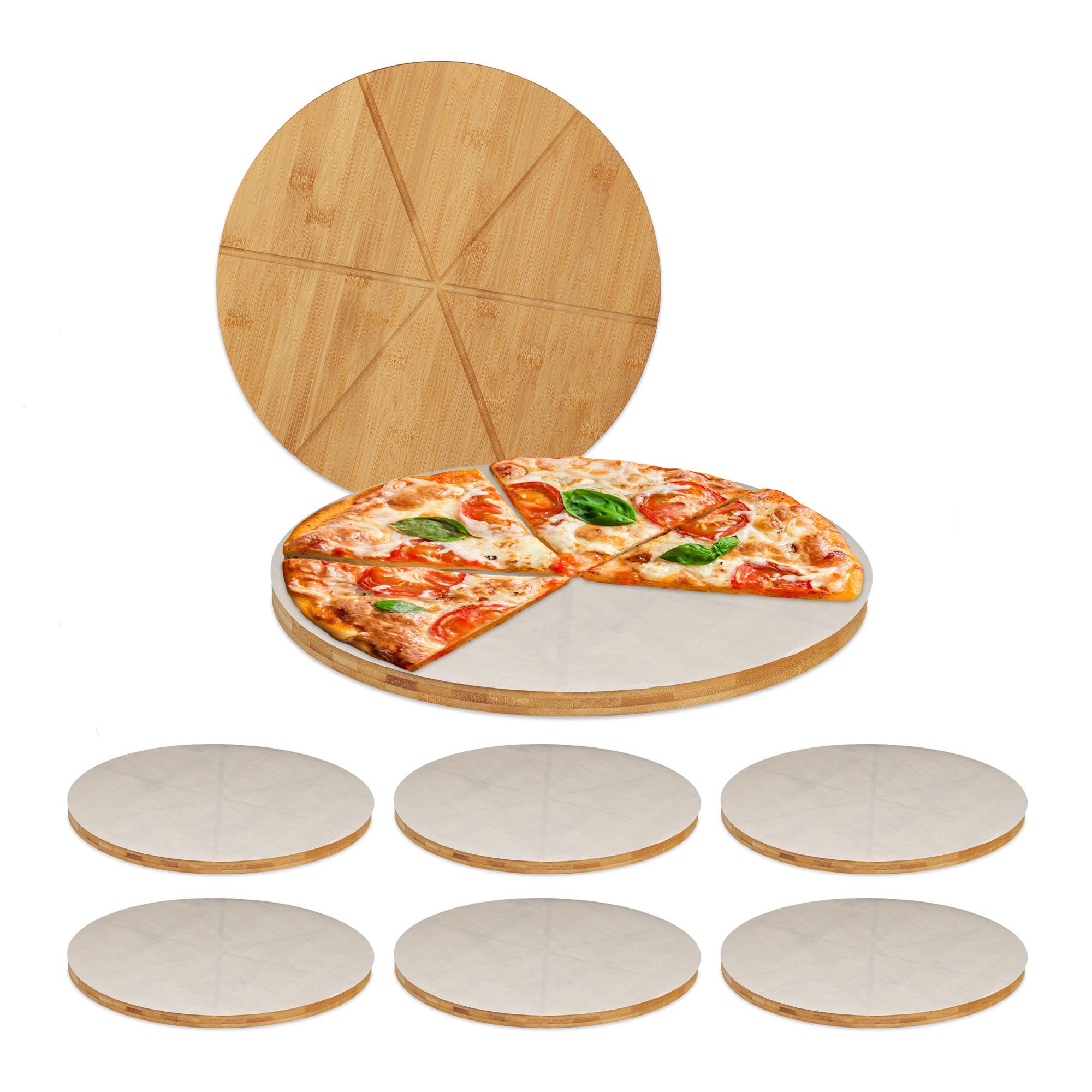 8x Taglieri per Pizza di Bambù in Set da 8, Piatti Tondi Ø 33cm, Carta da  Forno Inclusa, Scanalature, naturale