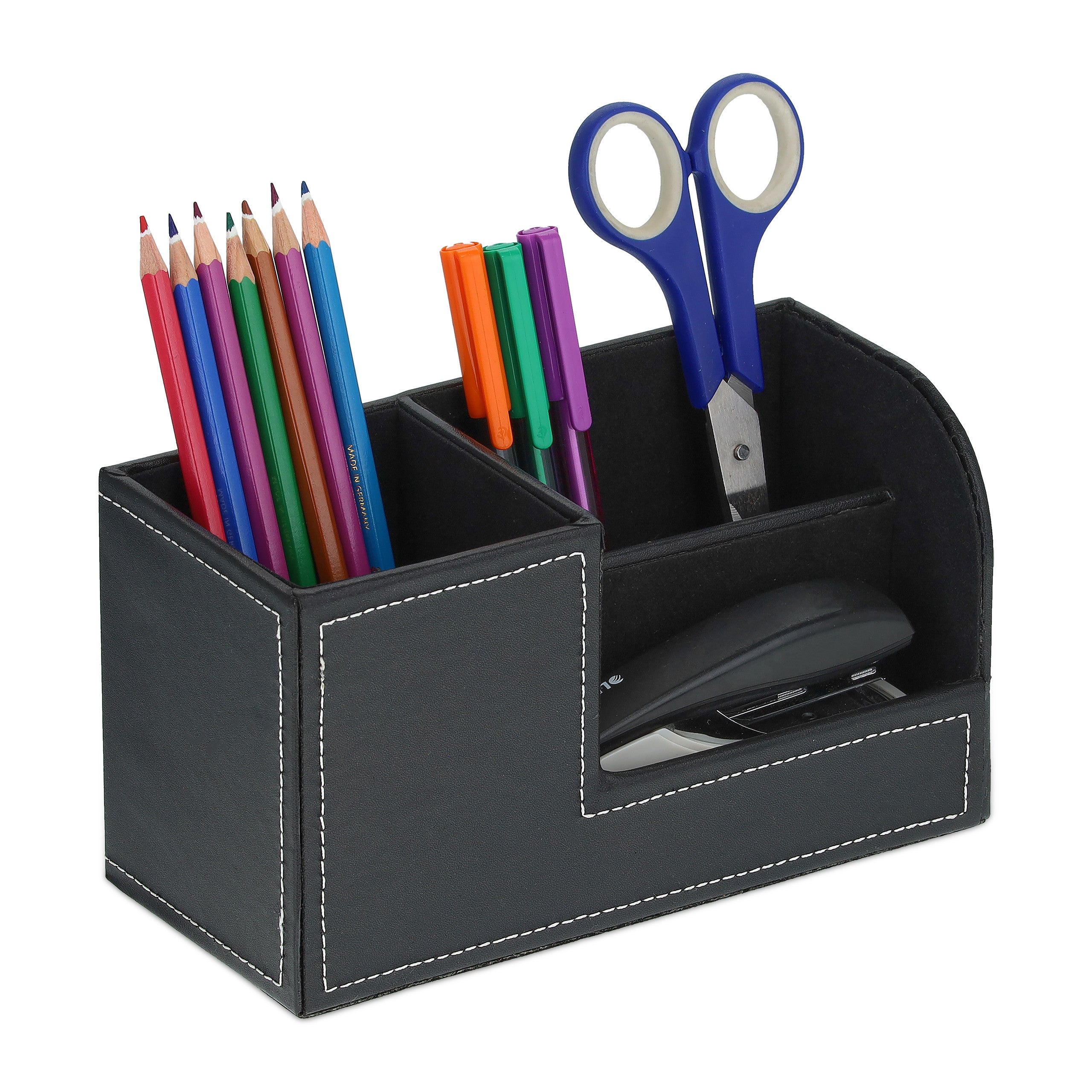 Relaxdays Organizer da Scrivania Ufficio, 3 Scomparti Portaoggetti in  Similpelle, Portapenne, HLP: 11x20x9,5 cm, Nero