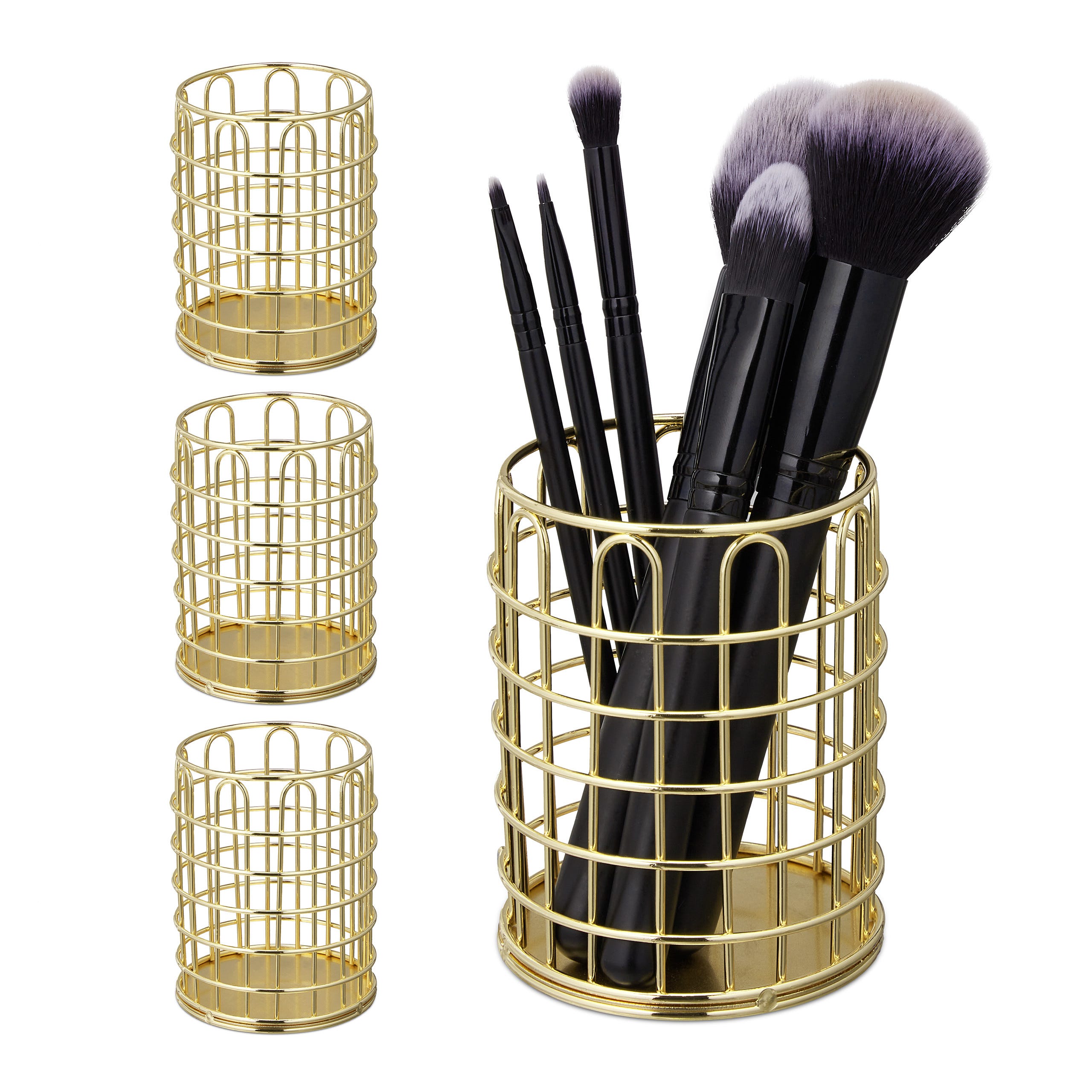 4x Pots à pinceaux de maquillage, métallique, rangement cosmétique,  organiseur bureau, salle de bain HxD 10x8 cm, doré