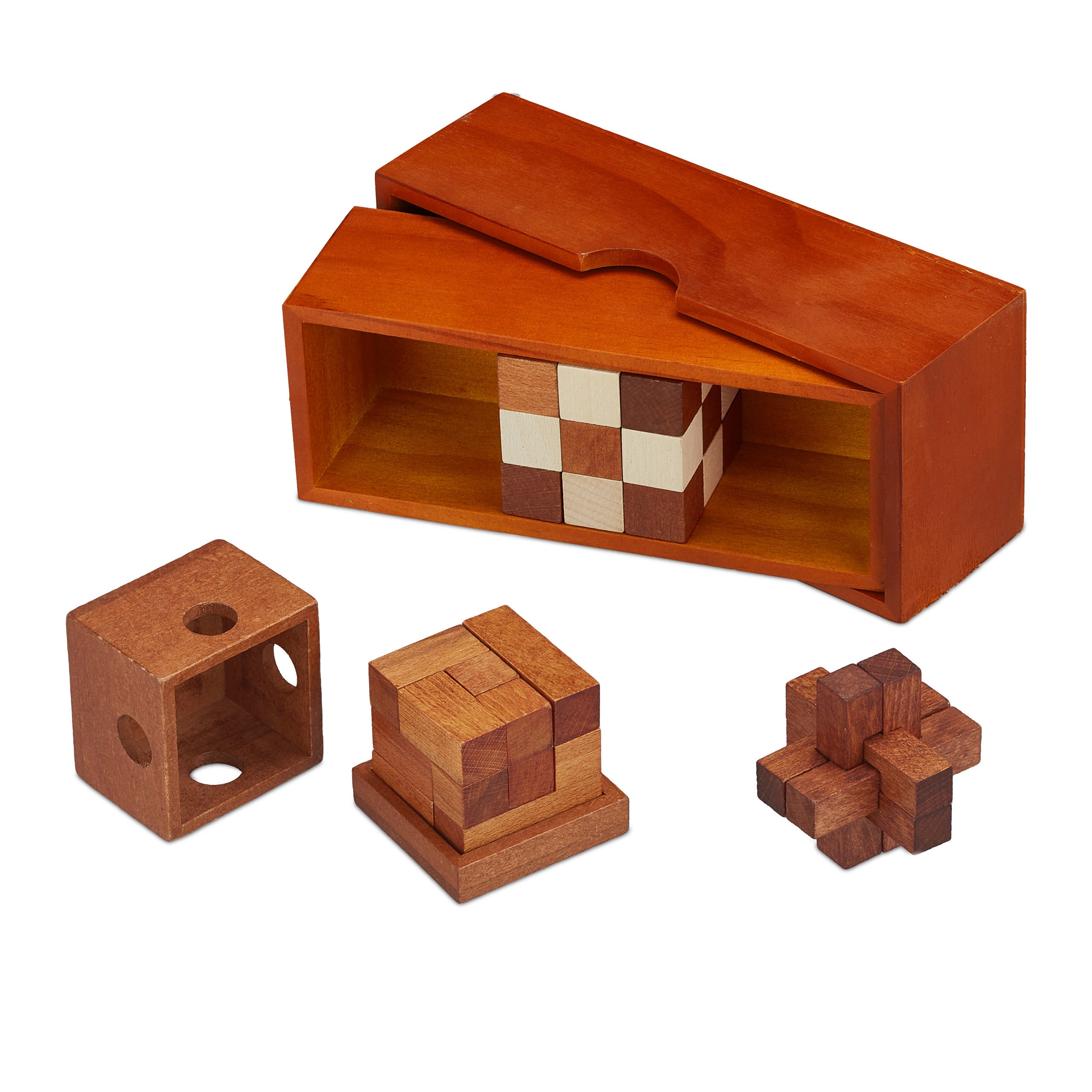 Relaxdays Jeu de casse-tête, en bois, 3 puzzles, avec boîte, stimule la  pensée logique, pour adultes & enfants, marron