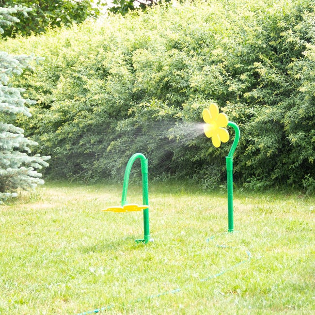 Relaxdays Arroseur de jardin, set 2, fleur d'arrosage, jeu d'eau pour  enfants, avec piquet terre, jaune-vert