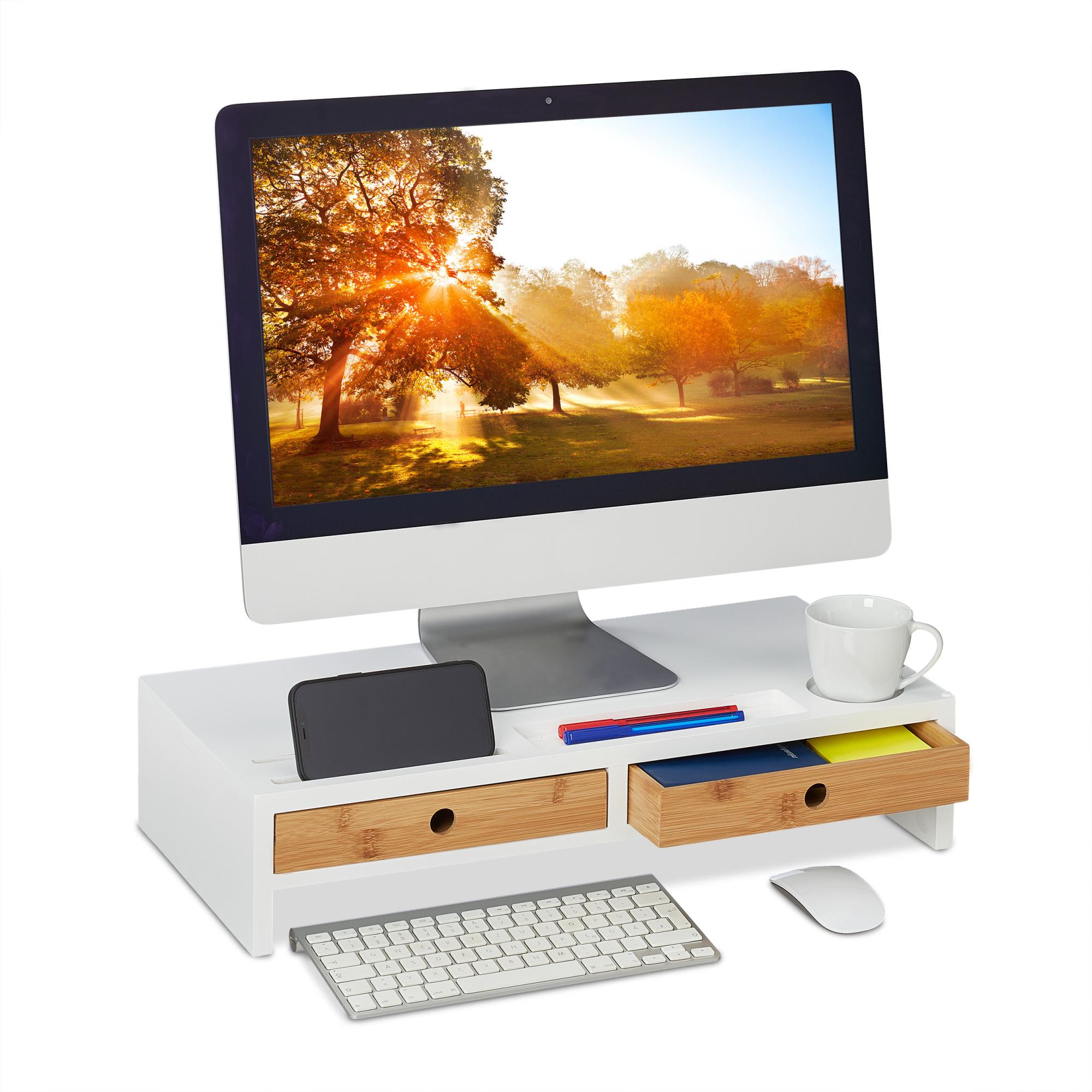 Supporto Monitor Scrivania Relaxdays Supporto Per Monitor, Rialzo Per Schermo Con 4 Scomparti E 2 Cassetti Stand Hlp 12x56x27 Cm Bianco Naturale 85216356 Staffa Doppio Monitor - 9