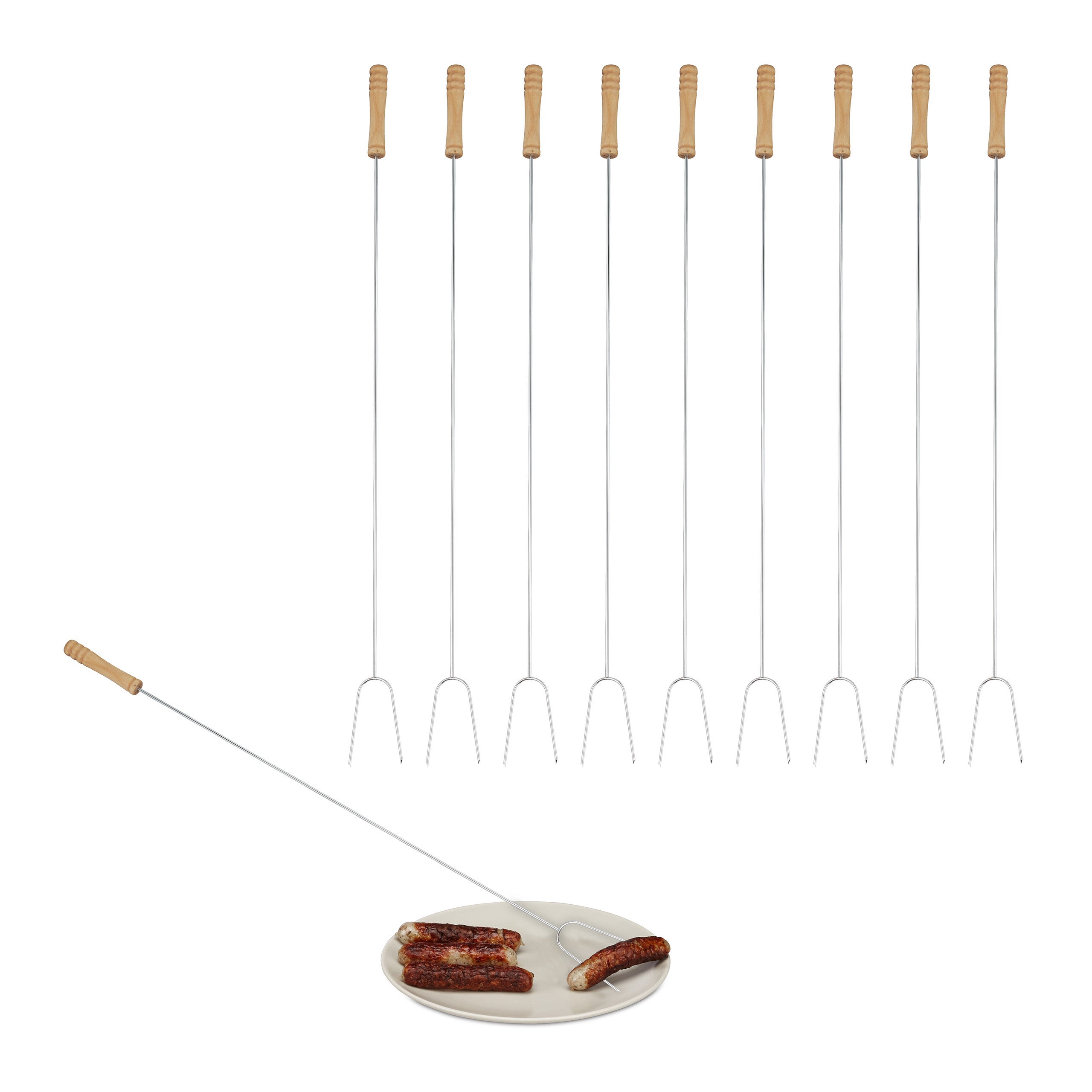 Relaxdays Set da 10 Forchettoni per Barbecue, Spiedi da Griglia, con Manico  in Legno, L:80 cm, Acciaio, Argento/Naturale