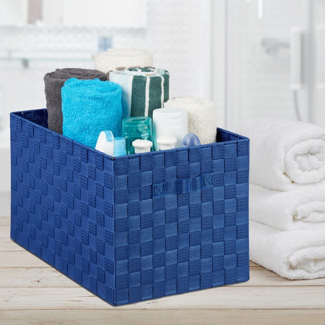 1x Panier de rangement avec poignée, plastique, aspect tressé, 26 x 40 x 30  cm, corbeille salle de bain, boîte, bleu