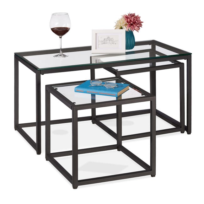 Set Di 2 Tavolini Sovrapponibili Relaxdays - Design Moderno, Struttura Cromata, Vetro Opalino, Argento - Foto 5