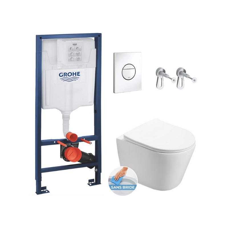 Grohe Pack WC Bâti-support Rapid SL + WC sans bride Infinitio + Abattant  softclose + Plaque blanc alpin (RapidSL-Infinitio-6)
