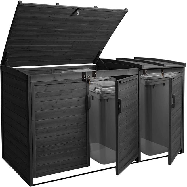 Abri de poubelles extérieur conteneurs à ordures avec couvercle jusqu'à 4  bacs 126x158x98 cm en bois certifié FSC gris-blanc 04_0002867