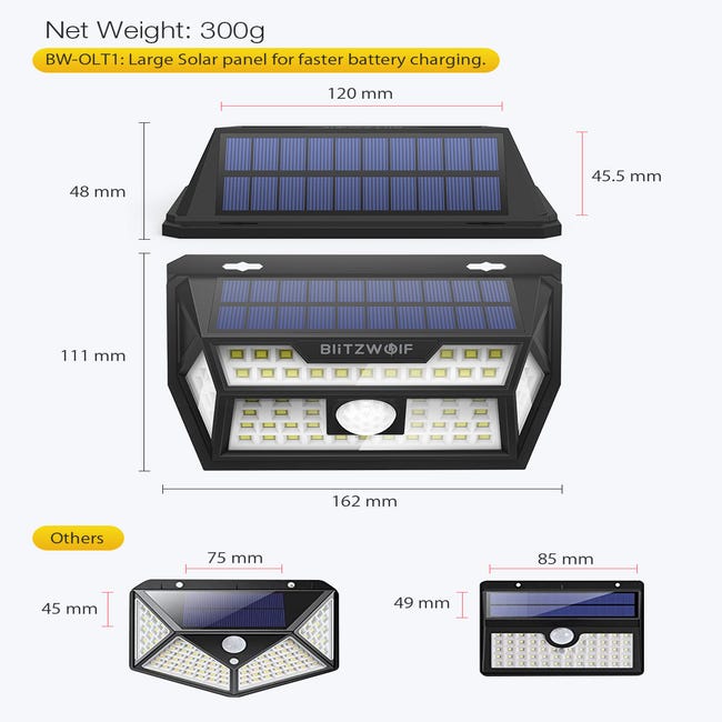 Lampe solaire avec capteur de mouvement applique extérieur solaire avec  télécommande IP65 141LED 6000-6500K