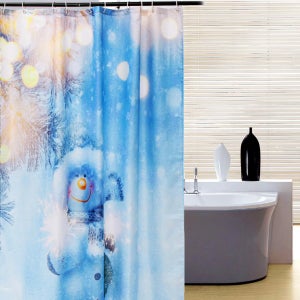 Rideau De Douche Noël – Motif Crèche Bleu Et Doré – Tissu Imperméable 137x198 Cm Avec Crochets