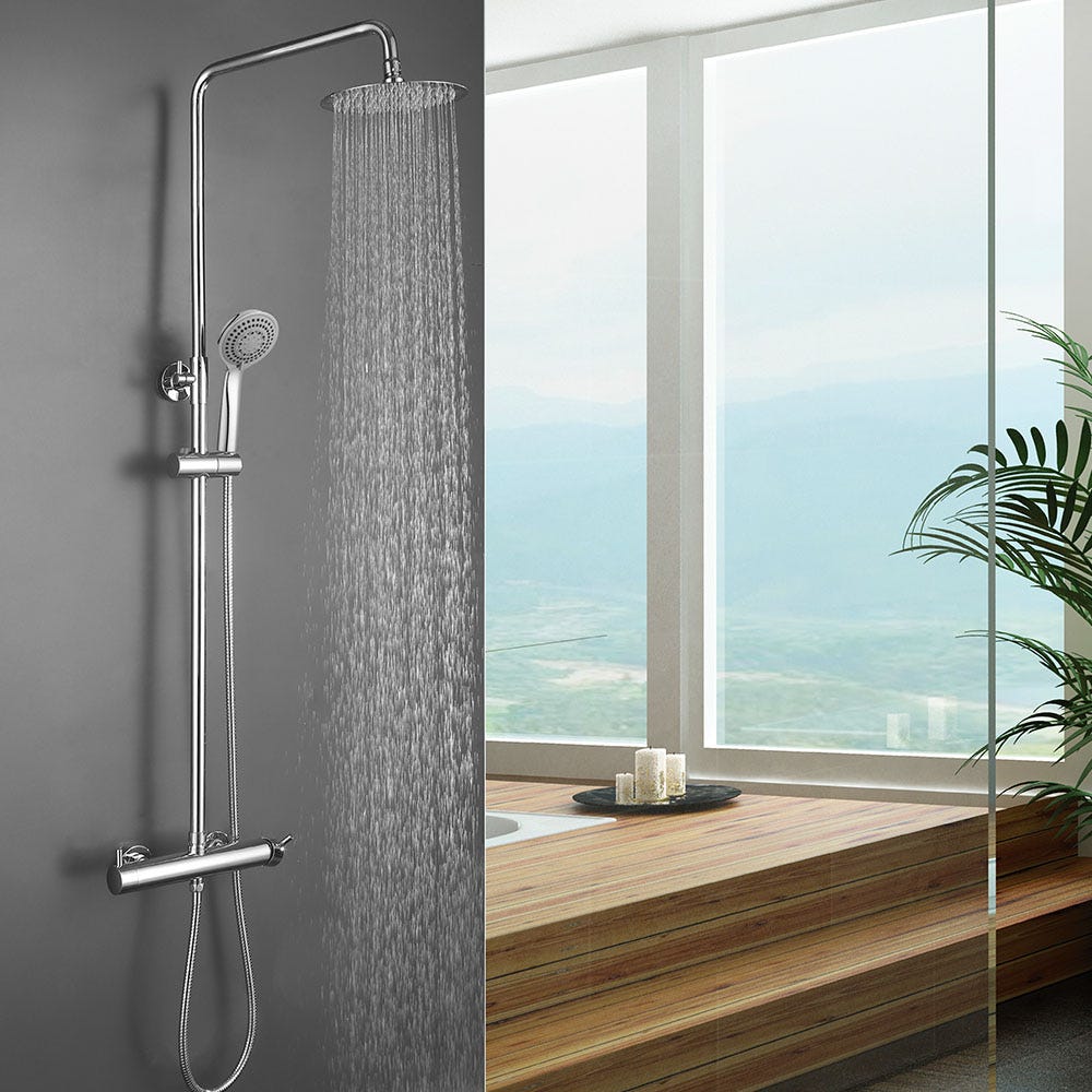 Columna de ducha extralarga MOL con grifo termostático y tubo redondo  extensible de 100 a 150 cm. ideal con bañera. Rociador y ducha de mano  cuadrados