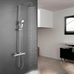 Columna de ducha termostática LÓPEZ diseño redondo, grifo con manetas  grafiladas, con tubo extensible de 80 a 120 cm. Rociador extraplano de 20cm  y