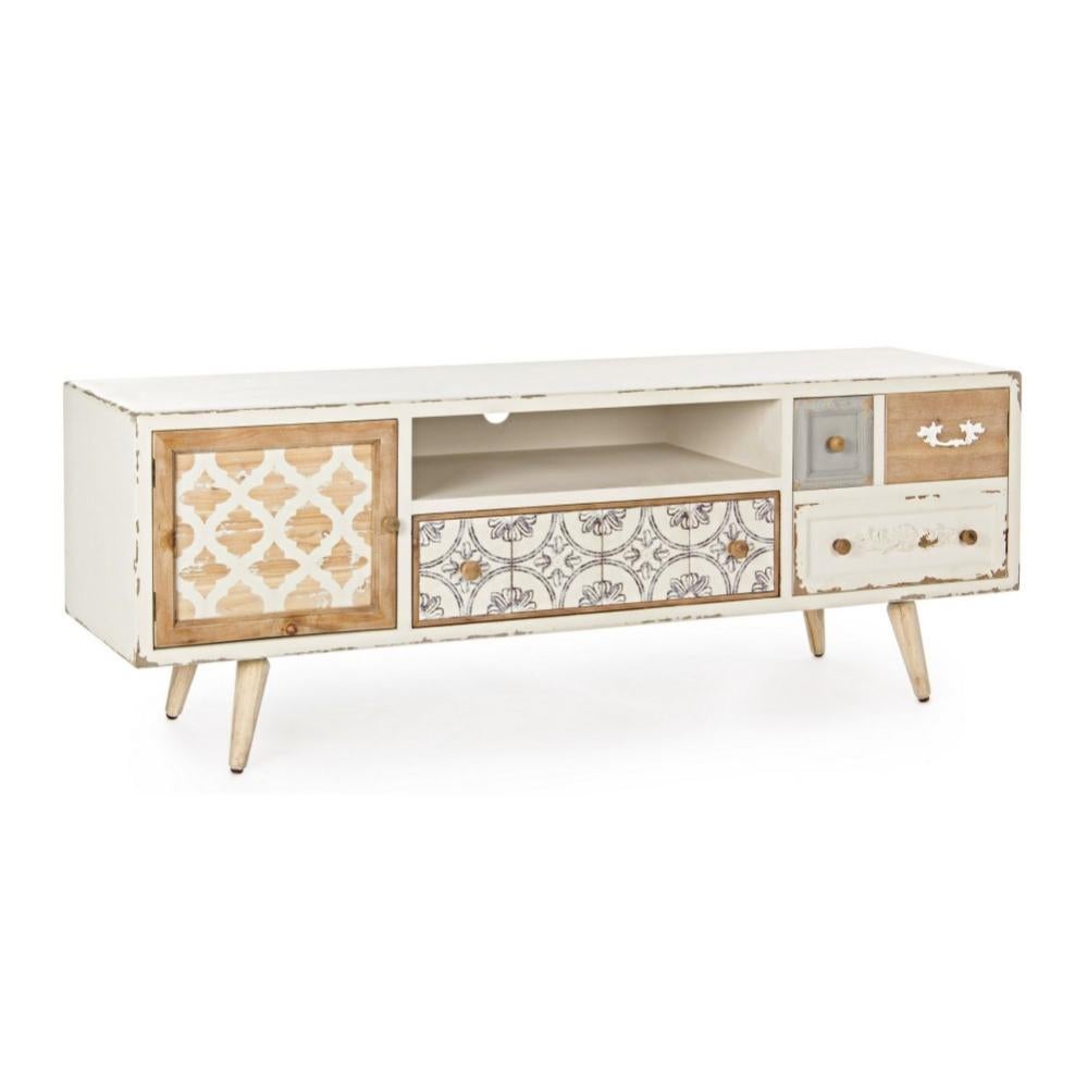 Mobile Basso TV 2 Ante – Legno Bianco E Rovere, 130x36x42 Cm, Con Scaffali Aperti E Certificazione PEFC