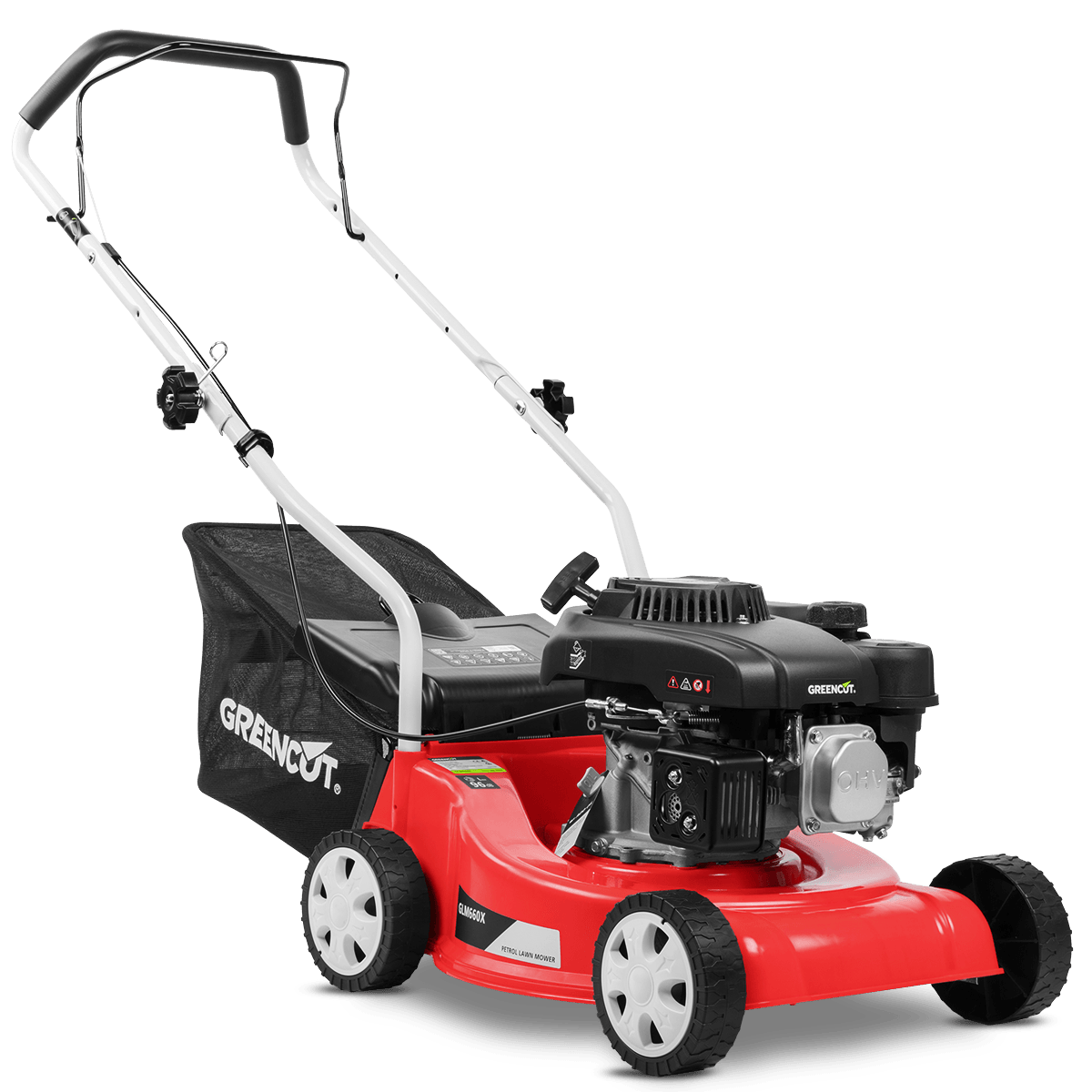 Tondeuse thermique à essence 132cc 5v, moteur 4 temps OHV, coupe 39cm 18", hauteur 2575mm