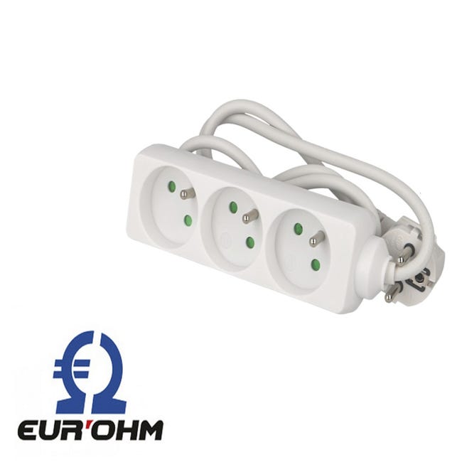 Multiprise 3 prises avec câble 1m sans interrupteur Eur'ohm
