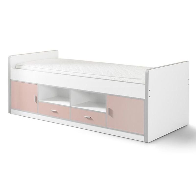 Lit Multi-rangement 90x200 Cm Avec Sommier Bois Blanc Et Rose Bonny ...