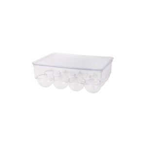 Relaxdays Rangement de frigo pour 18 œufs, organiseur avec couvercle, HLP :  8 x 16,5 x 31,5 cm, transparent et blanc