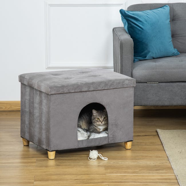 Grande caverna para gatos, parte superior transparente removível, cama de  gato de feltro com pernas de madeira para todas as estações