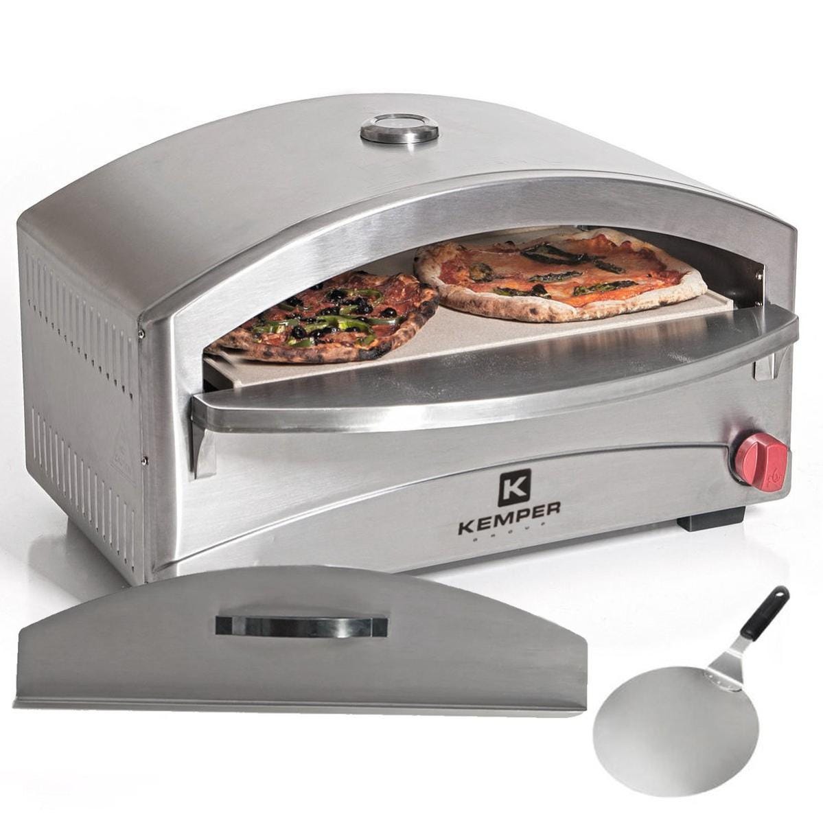 Forno per pizza 4800W gas KEMPER Acciaio inox Pietra refrattaria 250- 400°C  Max Accensione piezoelettrica Spatola per riscaldamento rapido