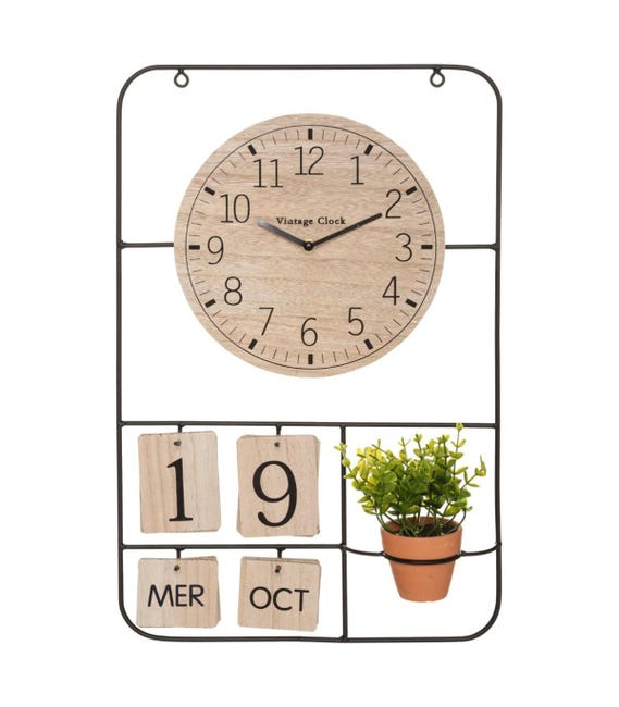 Pendule Murale En Metal Et Bois Avec Calendrier Perpetuel Et Plante Verte En Pot Leroy Merlin