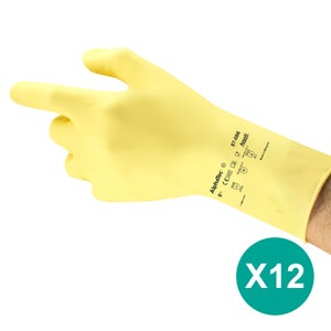 Gants de ménage latex jaune floqué coton (12 paires) - Taille M