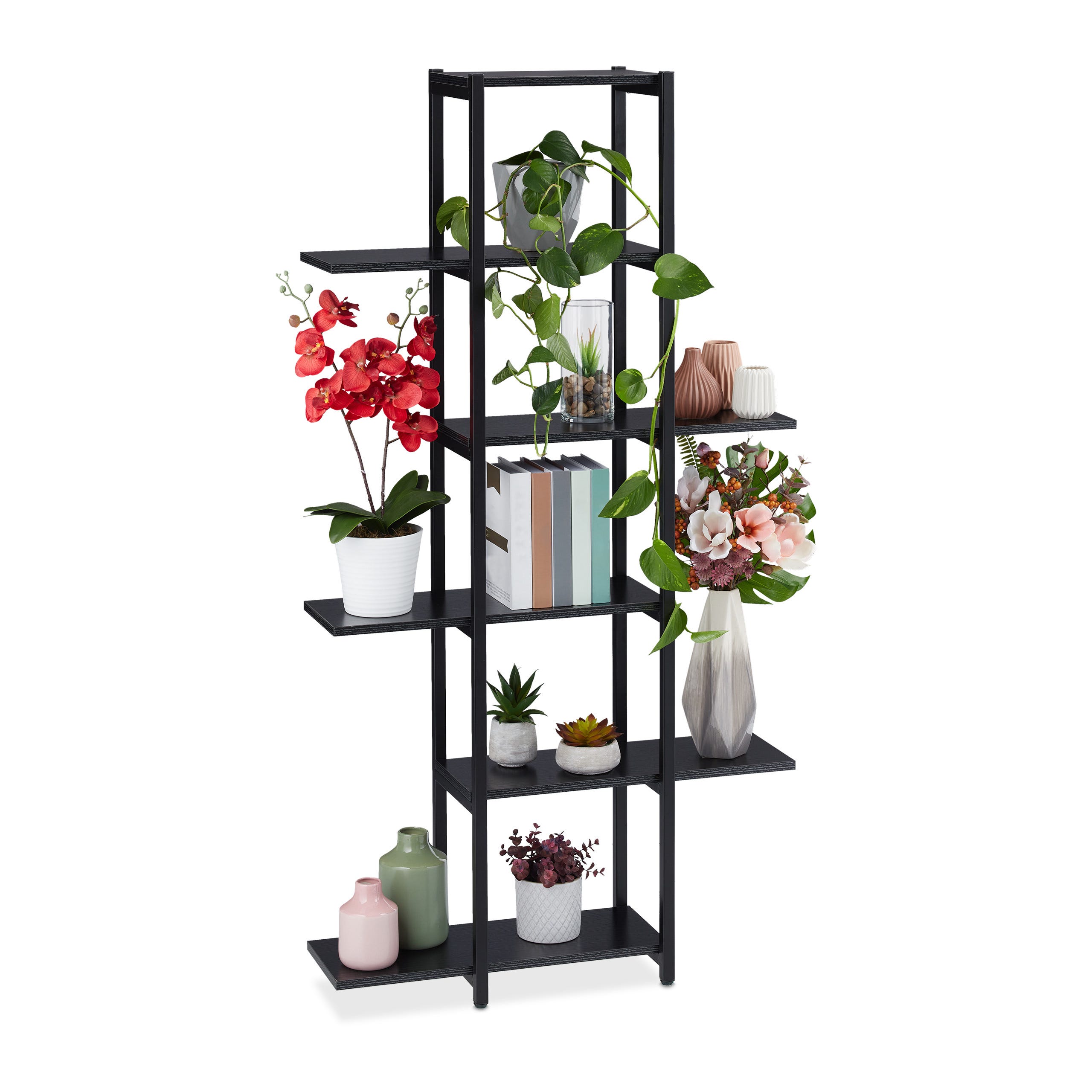 Relaxdays Étagère à plantes, escalier fleurs, 6 niveaux, HLP 150 x 78 x 24  cm, acier MDF, support intérieur, noir