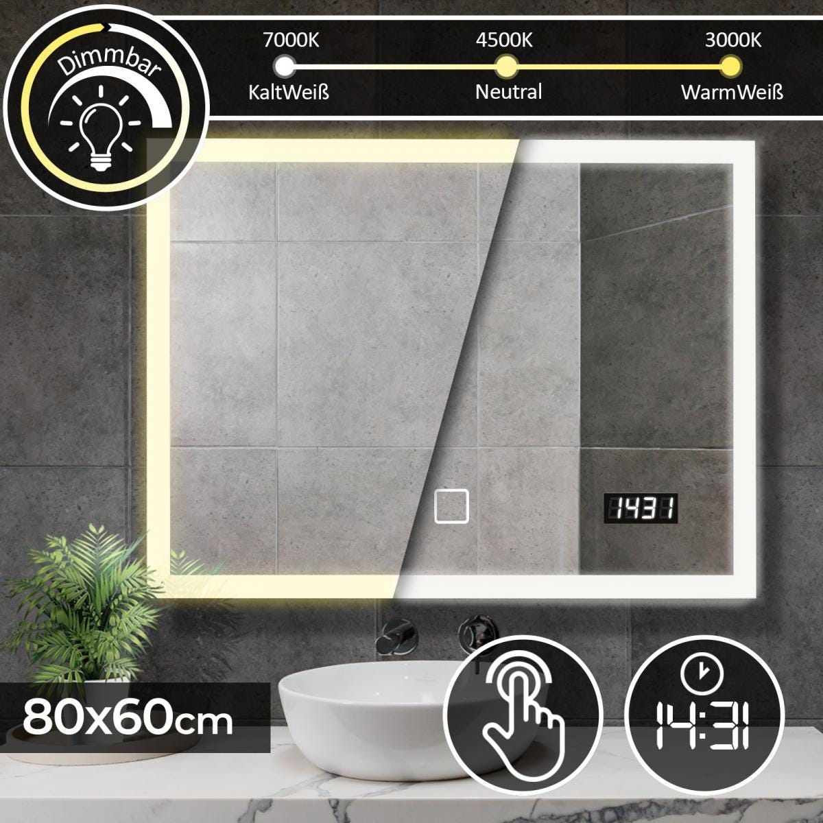 Miroir salle de bain led - 120 x 80 cm, cee:a++, tactile, mural, éclairage  blanc froid/chaud/neutre, fonction mémoire, anti-buée