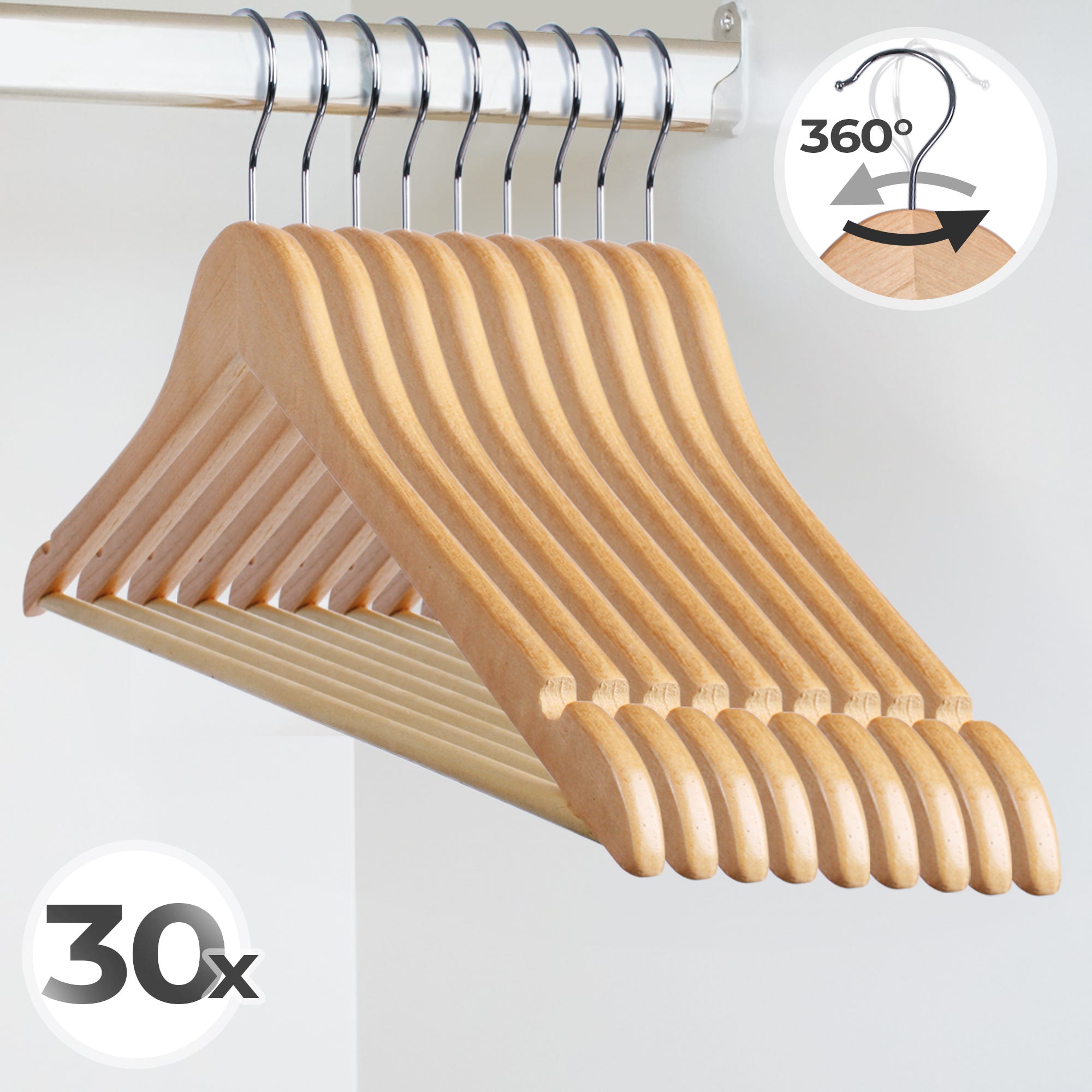 Lot de 30 cintres en bois crochet pivotant à 360° longueur 44,5 cm