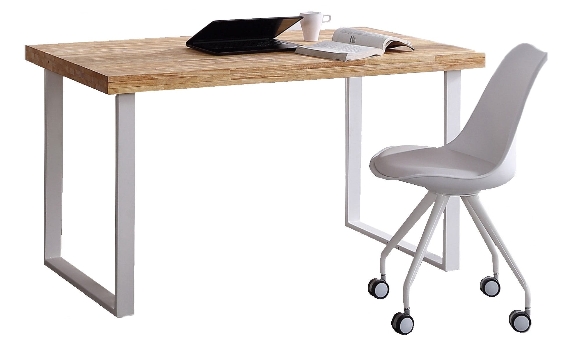 Tavolo di studio, Scrivania NATURAL. Piano in legno colore rovere nordico  spessore 54 mm. Gambe in metallo bianco. 120x60x73cm