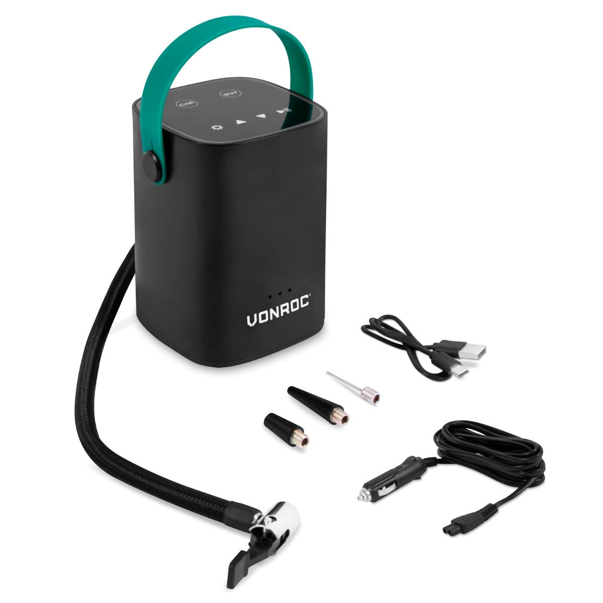 Compressore portatile mini VONROC 12V 7 bar / 101 PSI per auto, moto e  bici. Con batteria integrata da 2.0Ah. Display digitale / manometro