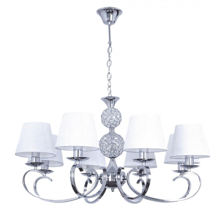 Lampara ordoñez 8xe14 cromo pantalla blanca regx76x76 cm