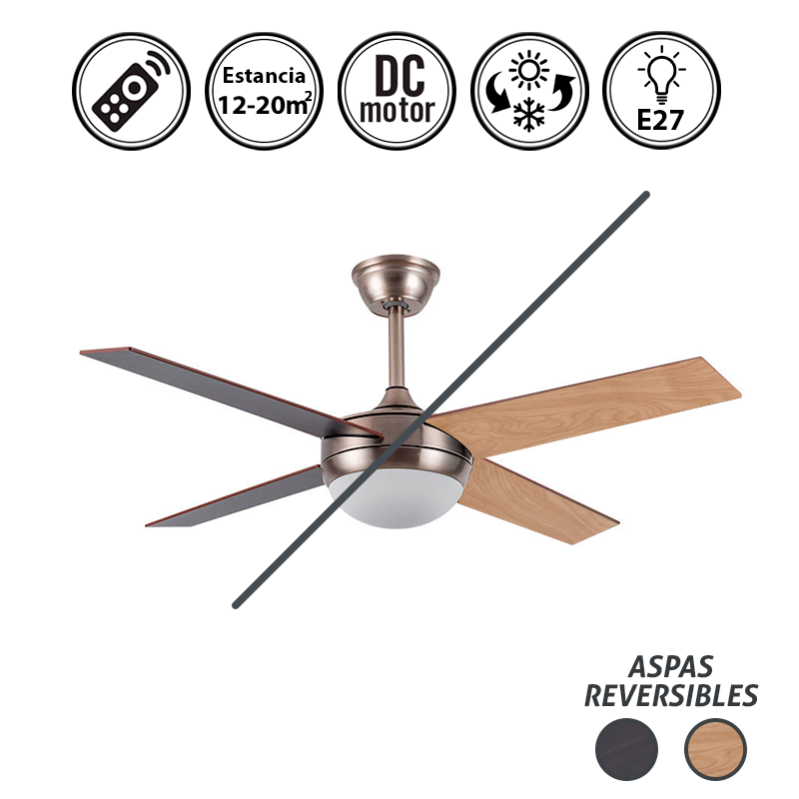 M mimotec - Ventilatore a soffitto Led Wood 58W Nichel, telecomando, motore DC 30W+Luce Led 18W, 6 velocità, Silenzioso, 3 Lame in legno naturale, 132 cm, funzione estate-inverno, timer