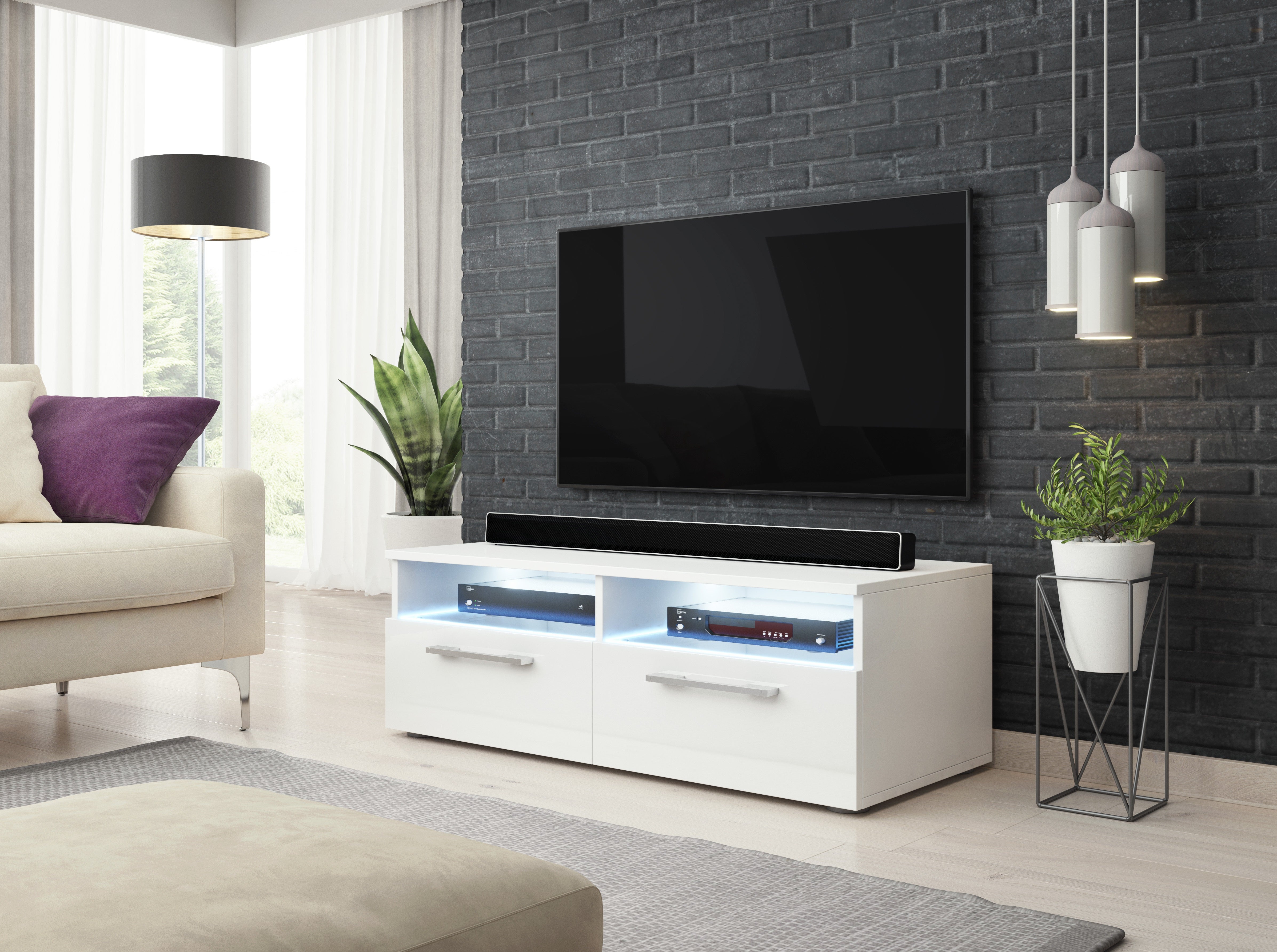 Vivaldi Meuble Banc TV Bonn 100 Cm Blanc Mat Blanc Brillant Avec