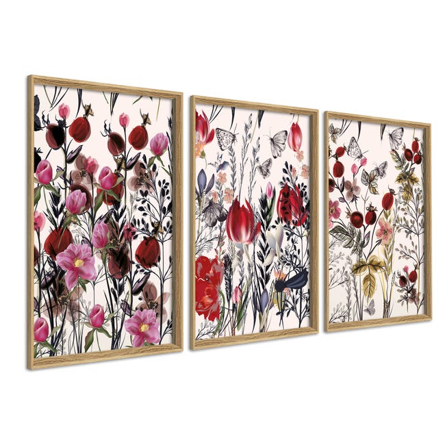 DekoArte - Cuadros decoracion salon modernos CAMPO DE FLORES 50x70 cm x3  piezas - Cuadros con marco color madera incluido | Leroy Merlin