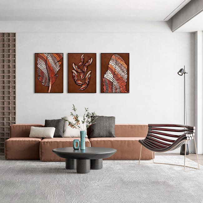 DekoArte - Quadri moderni soggiorno PIUME METALLIZZATE 50x70 cm x3 pezzi - Quadri  con cornice nero incluso