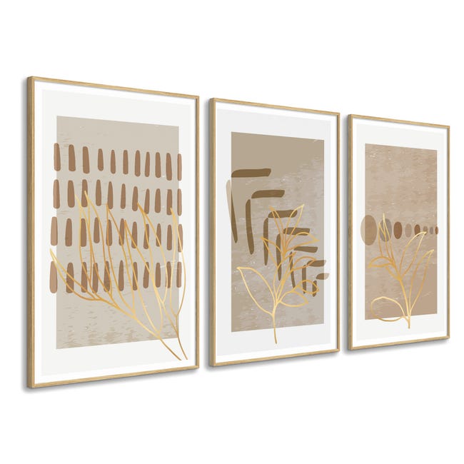 DekoArte - Cuadros salon modernos FLORES MINIMALISTA 50x70 cm x3 Cuadros con marco color madera incluido | Leroy Merlin