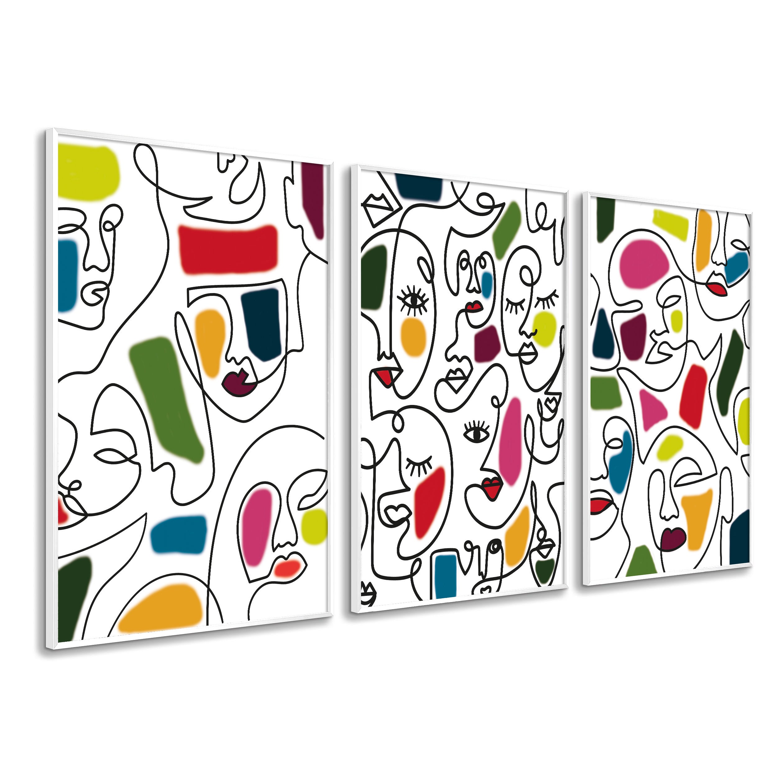 DekoArte - Tableau decoration murale salon VISAGES TRACES PICASSO 50x70 cm,  x2 pièces - Tableaux avec cadre, couleur bois inclus