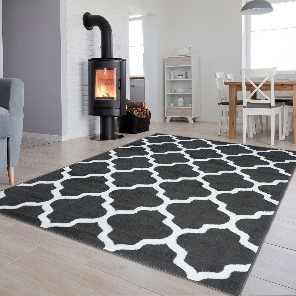 Tapiso Luxury Tapis De Salon Chambre Moderne Gris Fonc Blanc