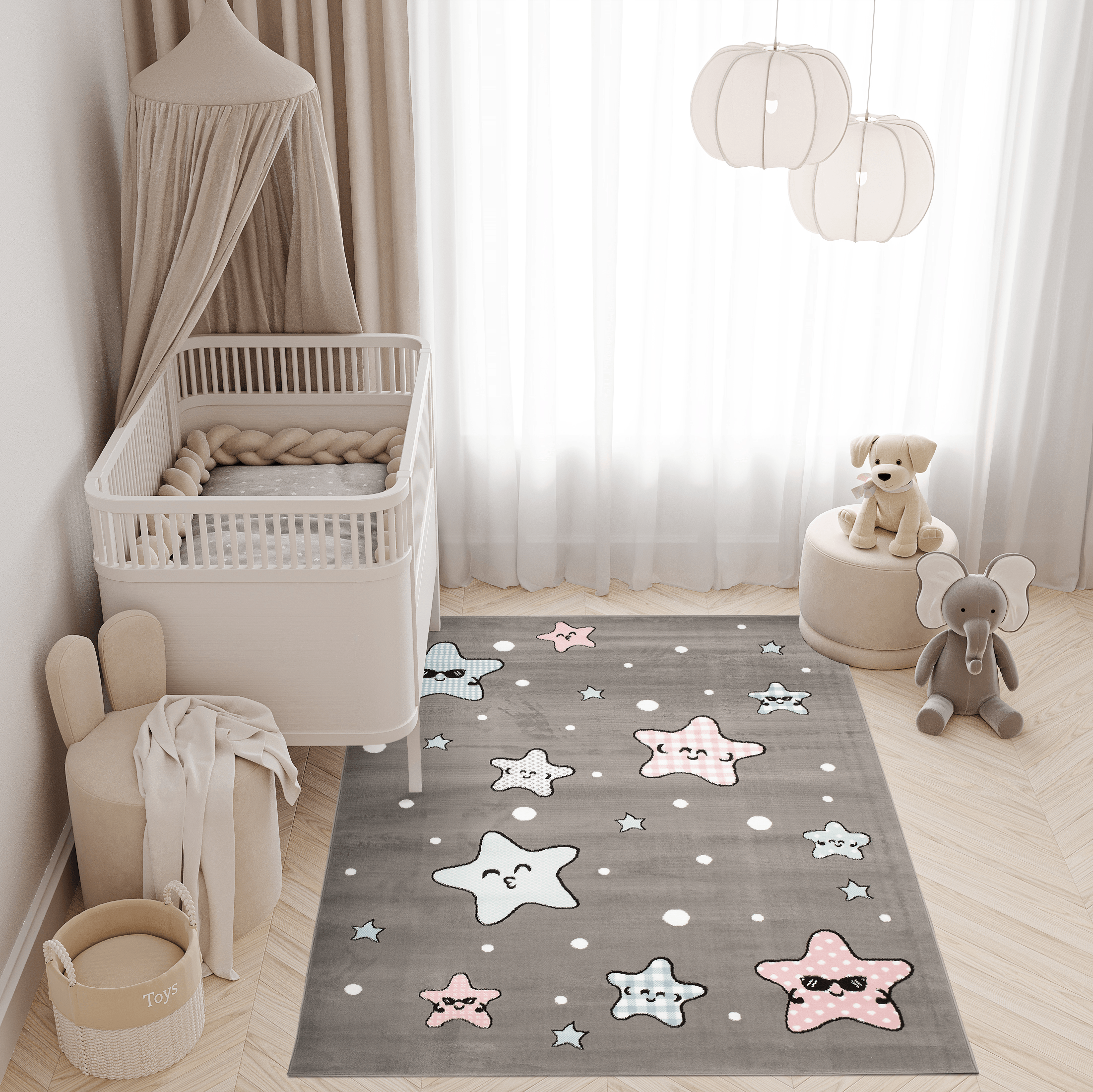 TAPISO Baby Tappeto per Cameretta dei Bambini Rosa Blu Grigio Bianco Piazze  Geometrico 180 x 250 cm