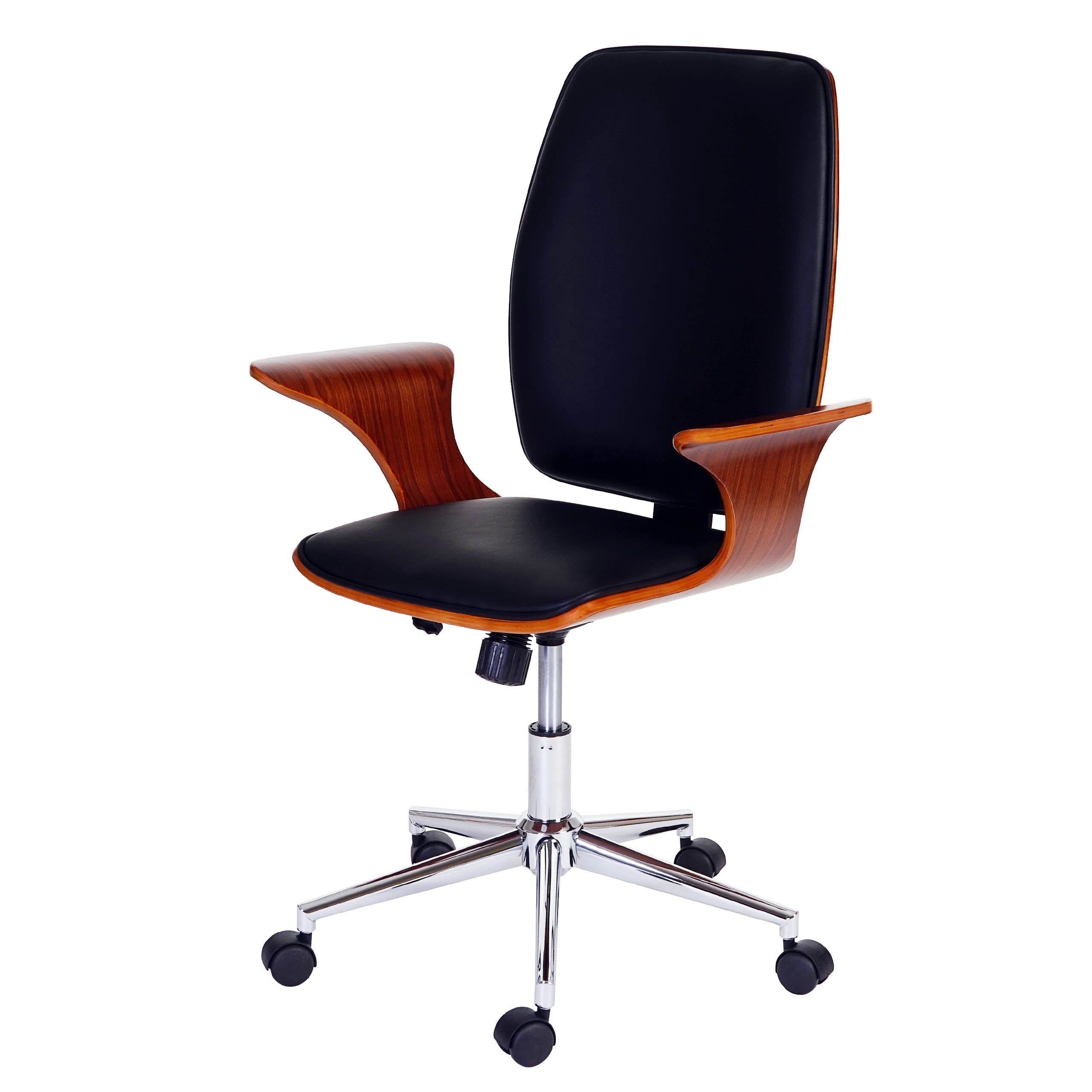 Chaise de Bureau Cuir Noir, Bois Noyer et Roulettes Design Scandinave